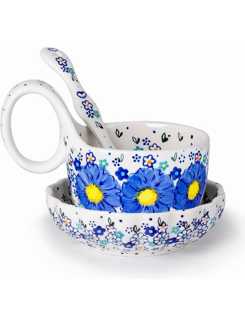 Handmade Ceramic Soup Bowl Set with Loop Handle, Plate & Spoon - Gift Boxed